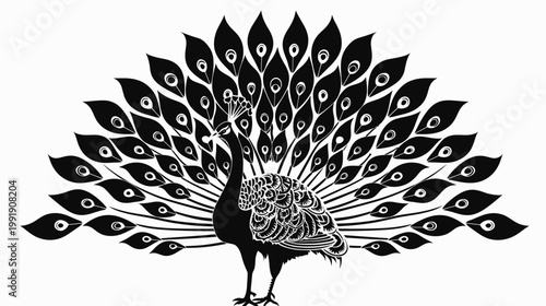 Elegant peacock silhouette with spread tail feathers in black and white design