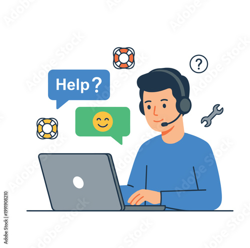Customer service representative working on laptop with support icons in a minimalist flat style