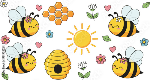 Cute Bee Cartoon Set with Flowers Honeycomb Beehive Sun and Hearts in Kawaii Style for Kids Design Nursery Decor and Spring Illustration.