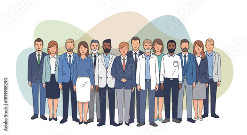 Diverse business team illustration, professional group of corporate employees in formal attire, multicultural office staff and medical workers vector