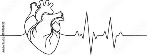 Human Heart with ECG Pulse Line Continuous Line Art Medical Illustration.
