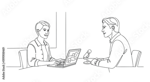 Business meeting, office discussion, two men with laptop, professional conversation, line art illustration