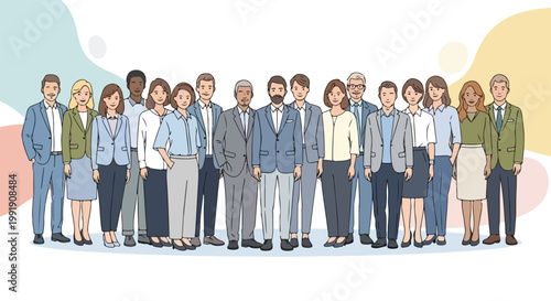 Diverse business team illustration, professional corporate group of people in suits, multicultural office staff community vector, large workforce ensemble