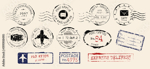 Old postage rubber stamp with grunge texture. Aesthetic post office stamp ink.