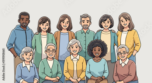 Diverse multi-generational community group, smiling people of different ages and ethnicities, inclusive family portrait vector illustration