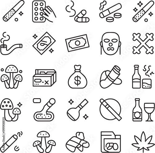 Drug and Substance Icons Set,Cannabis, Pills, Syringe and Addiction Line Vector