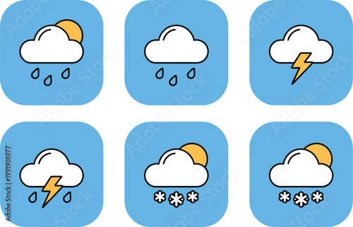 Weather forecast icon set with rain, thunderstorm, snow and sunny clouds, hand drawn vector illustrations for seasonal climate symbols, meteorology apps and weather reporting design elements.