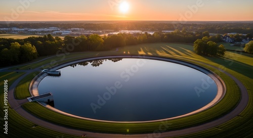 Large circular pond at sunset landscape.