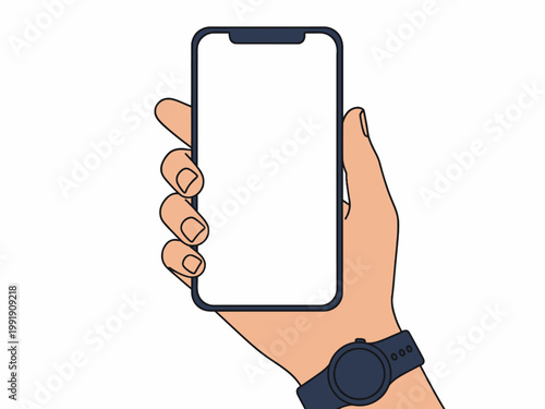 Hand holding smartphone with blank screen and smartwatch isolated