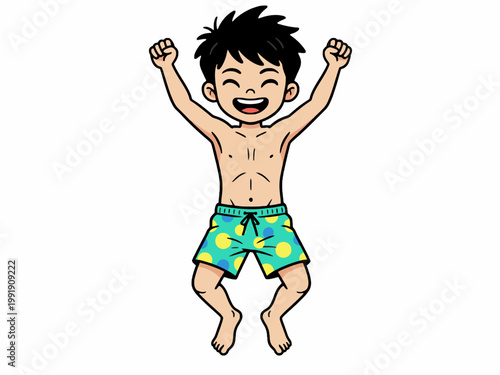 Boy Jumping in Swim Trunks Cheering Cartoon Character
