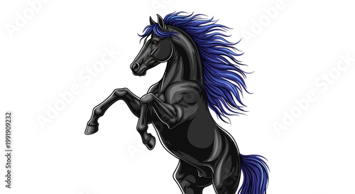 Black horse rearing up with blue mane and tail against white backdrop