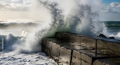 Large wave crashing on sea wall.