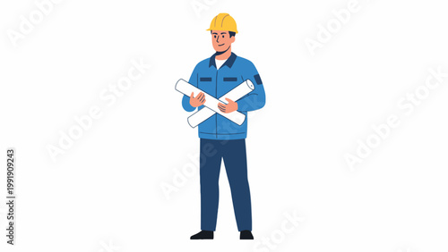 Engineer Holding Blueprints wearing Hardhat Vector Illustration