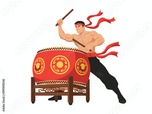 Muscular Man Playing Traditional Chinese Drum Illustration