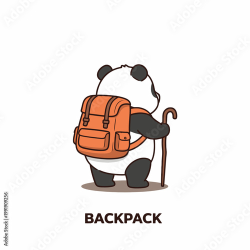Panda Back View Carrying Orange Rucksack and Hiking Stick