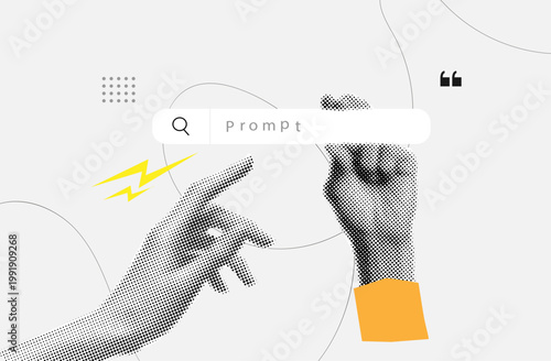 Trendy Halftone collage,Hand holding Prompt in Search Bar Digital Interface Concept