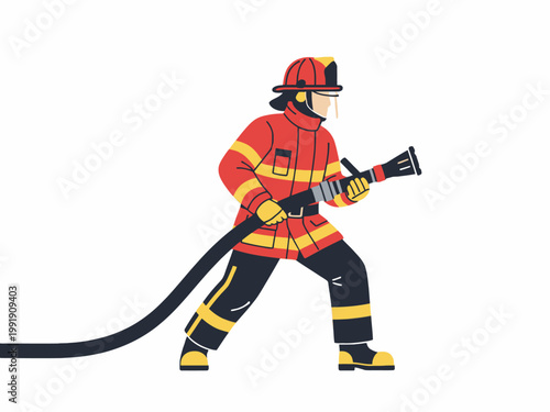 Firefighter in uniform holding fire hose nozzle vector