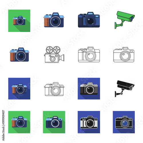 Collection of Camera Icons: DSLR, Vintage, Security, and Video Cameras