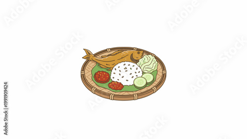 Fried Fish with Rice and Sambal on Bamboo Plate Illustration