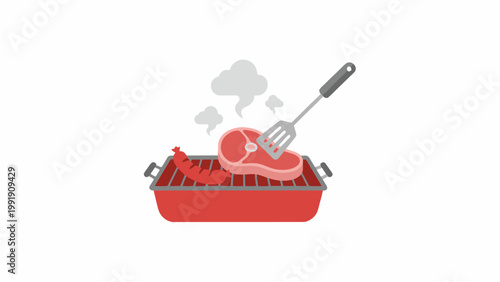 BBQ Grill Illustration with Meat Steak and Sausage on White