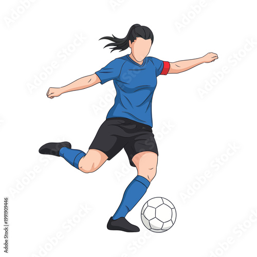 Female soccer player kicking ball, action, sport, blue uniform, white background