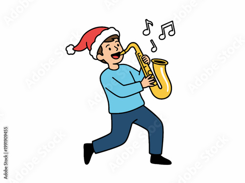 Boy Wearing Santa Hat Playing Saxophone Vector Illustration