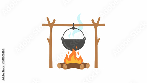 Camping pot cooking over campfire flame on white background