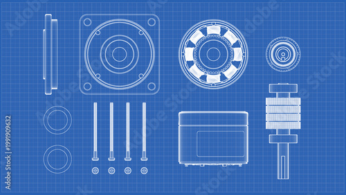AC Servo Motor for CNC - Complete Disassembly - Drawing. 3D rendering isolated on blue background. 3D Mesh, Sketch, Vector style. Ideal for educational, engineering, and industrial design.