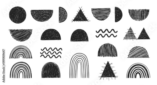 Geometric shapes, black icons, vector graphics, abstract elements, 25 shapes
