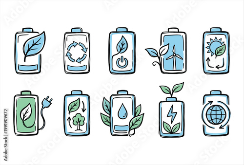 Hand Drawn Eco Battery Charge Icons – Sustainable Energy Doodle Set