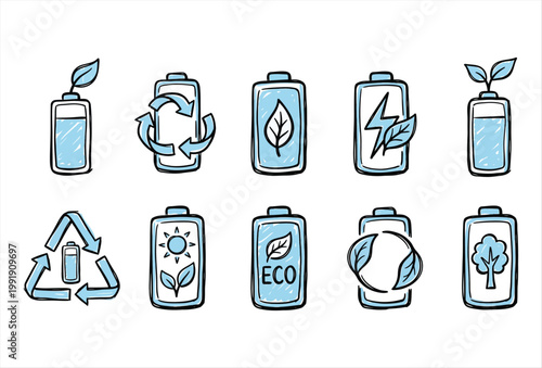 Hand Drawn Eco Battery Charge Icons – Sustainable Energy Doodle Set
