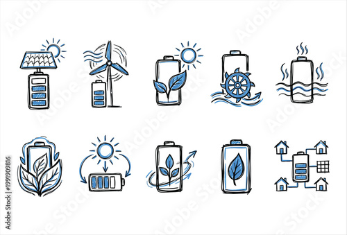 Hand Drawn Eco Battery Charge Icons – Sustainable Energy Doodle Set