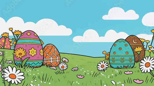 Colorful eggs sit in a grassy field with daisies under a clear sky on a sunny day during the spring season
