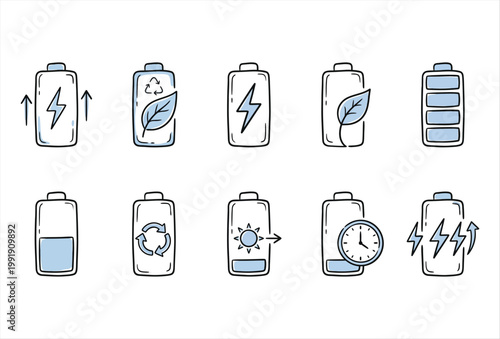 Hand Drawn Eco Battery Charge Icons – Sustainable Energy Doodle Set