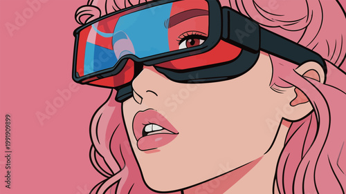Young woman with pink hair wearing futuristic glasses in a vibrant artwork background