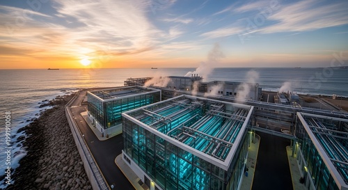 Modern Industrial Buildings by Ocean Sunset.