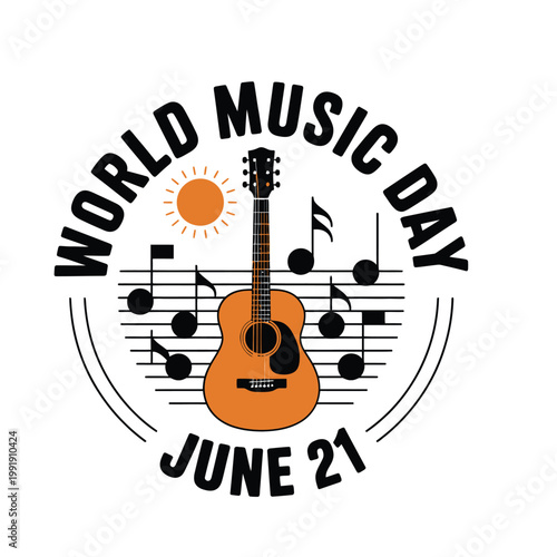 World Music Day June 21 Emblem with Acoustic Guitar, Sun, and Musical Notes on Staff Background