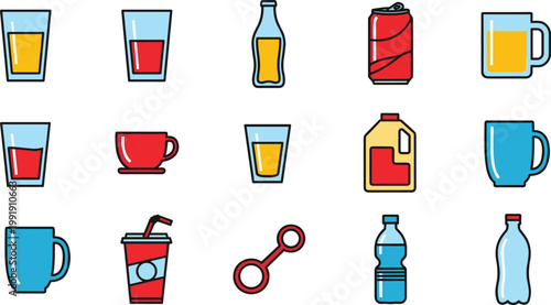 Beverage Drink Container Icon Set Glass Bottle Cup Can Mug Collection