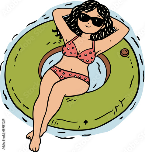 woman relaxing on inflatable pool ring wearing sunglasses in summer water scene, perfect for vacation ads, lifestyle illustration