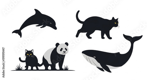 Collection of Animal Silhouettes Dolphin Cat Panda Whale.