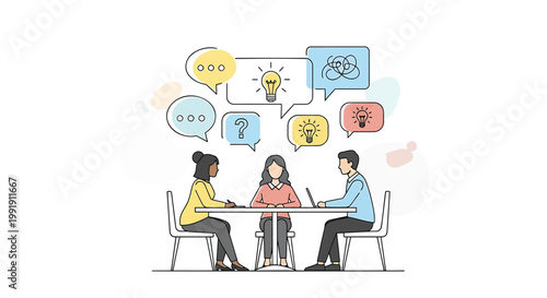 Business meeting, teamwork, discussion, communication icons, people talking, office collaboration