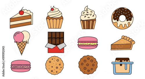 Collection of delicious sweet desserts and treats icons.