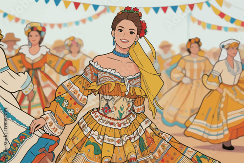 Dancers in colorful dresses perform at a festive event in a large tent with flags