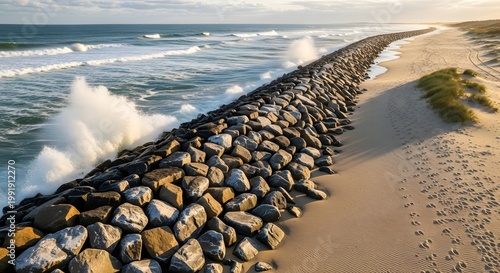 Rocky Seawall on Sandy Beach Shore.