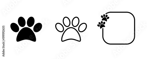 Paw icon set minimalist flat outline black and white graphics.