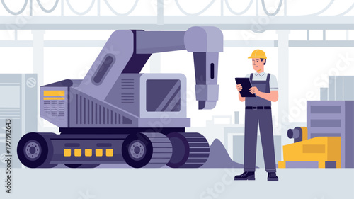 Worker inspecting heavy machinery with digital tablet in factory  