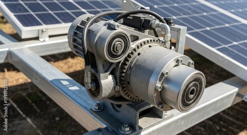 Solar panel tracking system motor closeup.