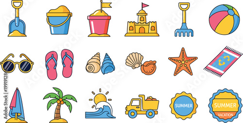 Summer Beach Vacation Icon Set Sand Castle Ball Palm Tree Collection