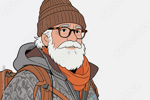 Elderly man wearing glasses and a beanie with a backpack and scarf stands against a plain backdrop during winter