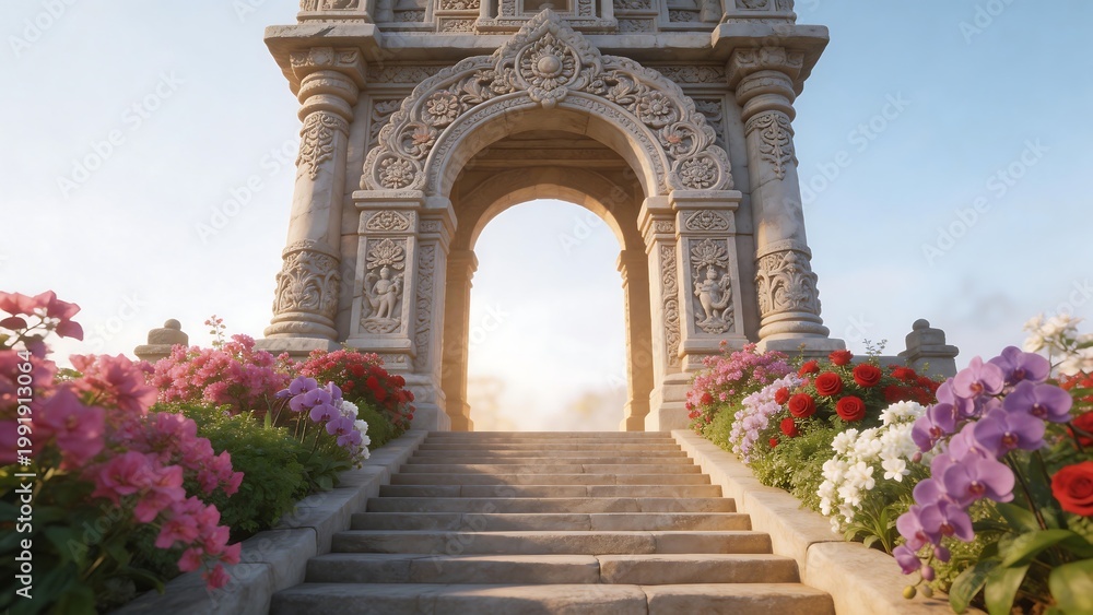 Fototapeta premium Stone archway with stairs and flowers